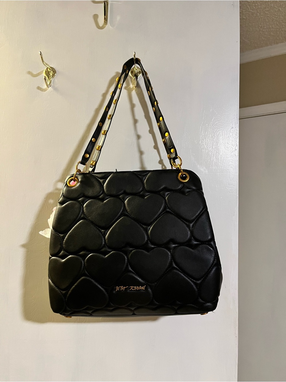Betsey Johnson Black Quilted Heart Shoulder Bag with Gold Accents